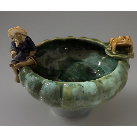 Vintage Majolica Asian Man Fisherman and Frog on Lily Pad Succulent Planter 6” - Picture 4 of 9
